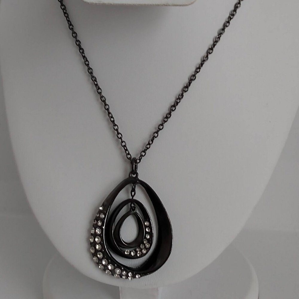 Smokey Charcoal Gray Chain Necklace Rhinestone Teardrop Hoop Pendant